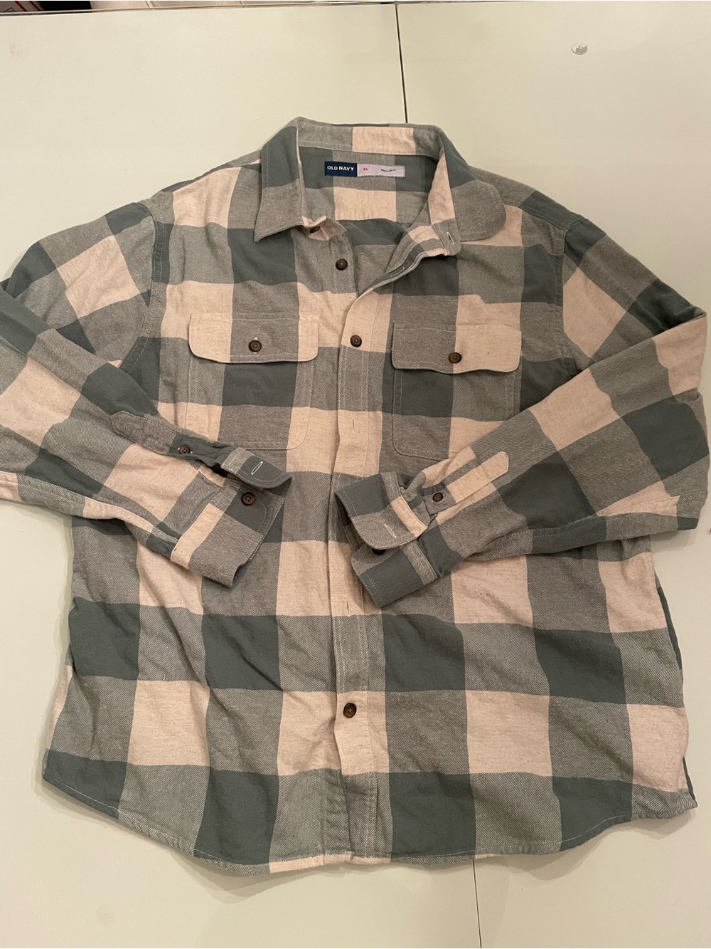 Old Navy Cream and teal Large Plaid Button-Down Shirt
